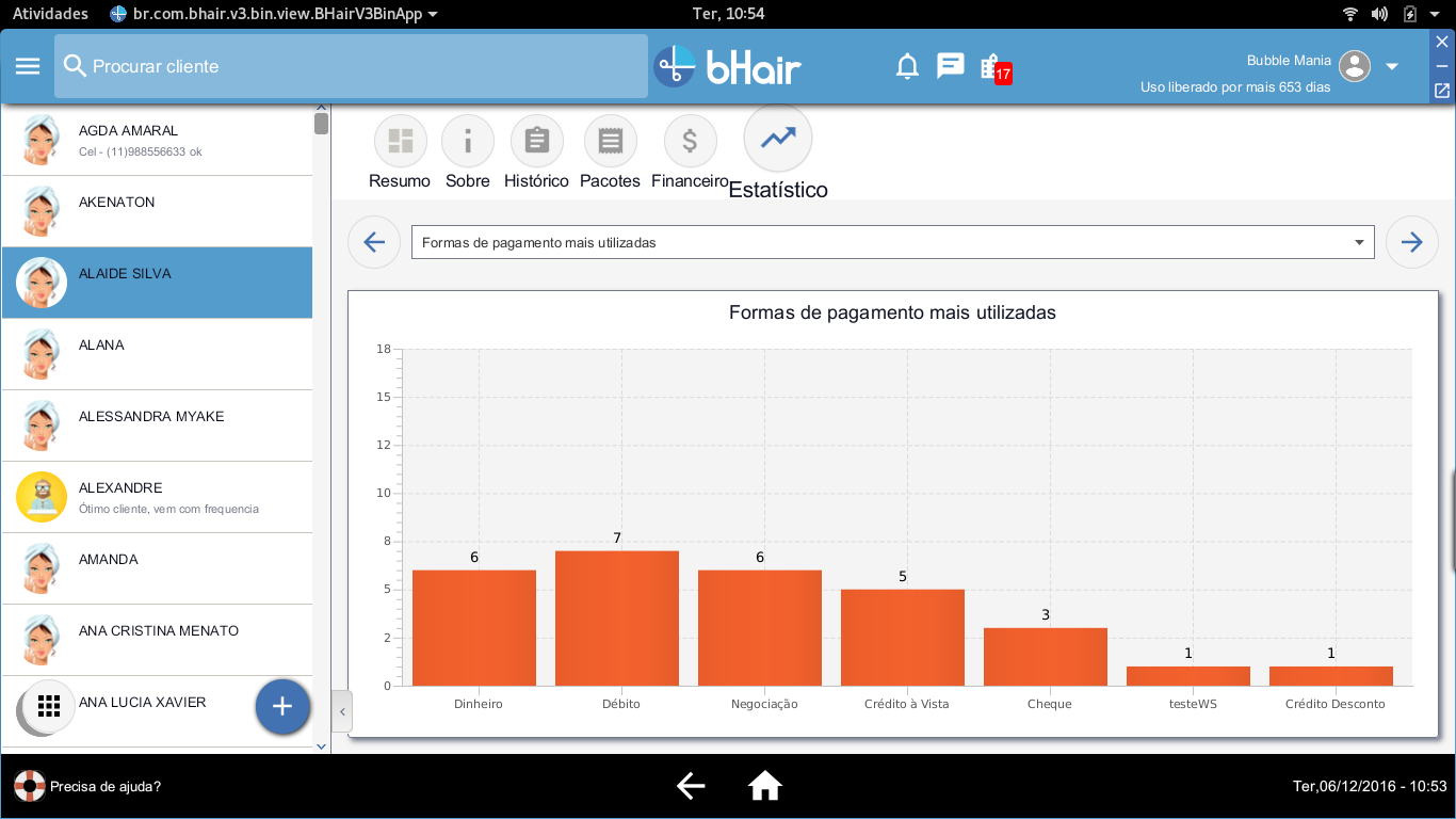 Gráfico estatístico com as Formas de pagamento mais utilizadas pelos clientes no salão de beleza. bHair App